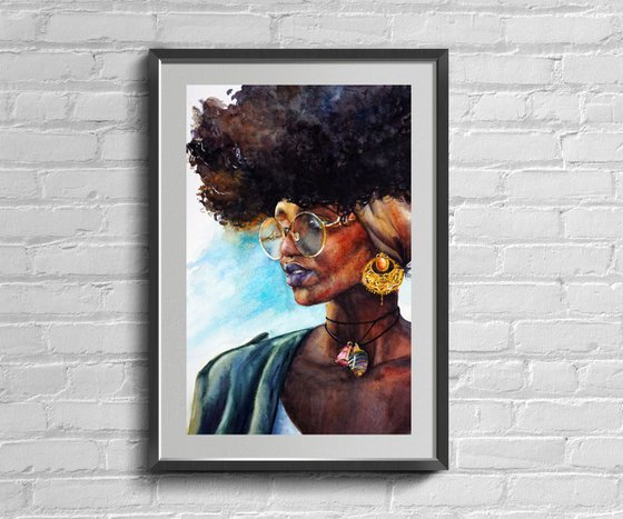 ORIGINAL Watercolor Portrait of Beautiful Woman - African American Art