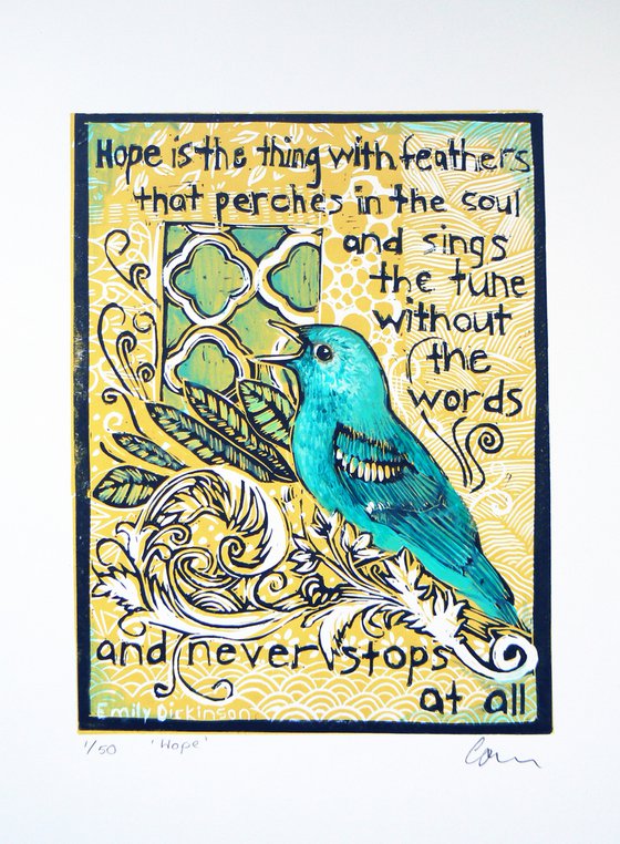 Hope - is the thing with feathers  (hand coloured linocut print)