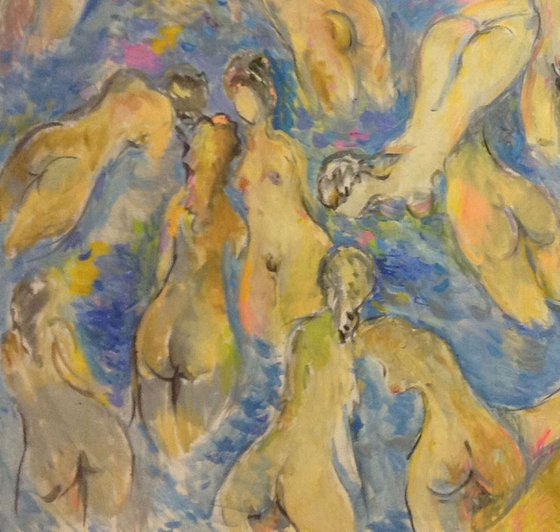 BIG BATHERS - Large abstract nude art original painting, erotic, love, lovers, beautiful, blue pastel colours, gift for him, bedroom art, 170x200cm