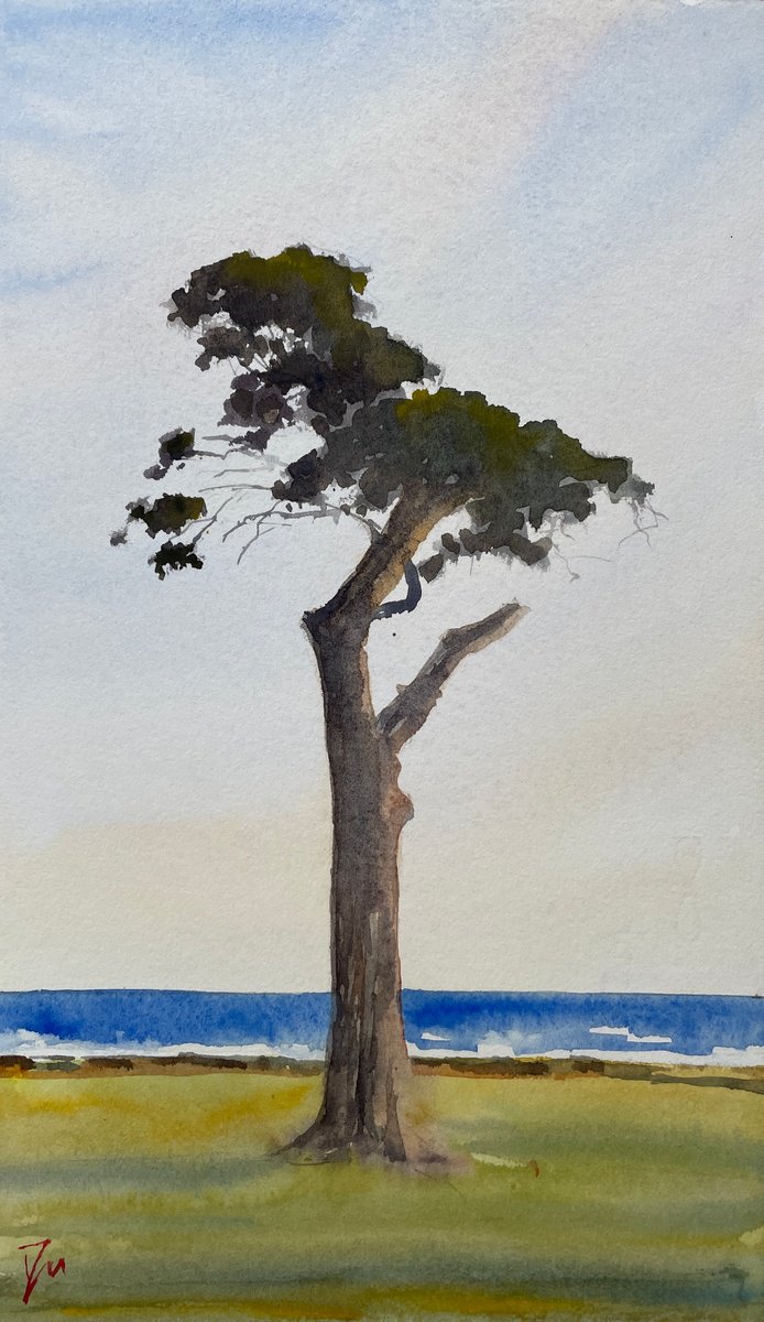 Impressionistic Landscape Watercolour By Shelly Du, 6 X 11", The Lone Tree By The Sea, Original Artwork