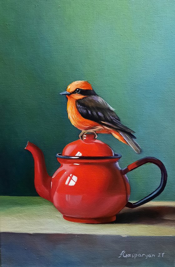 Still life with bird and kettle-2 (24x35cm, oil painting, ready to hang)