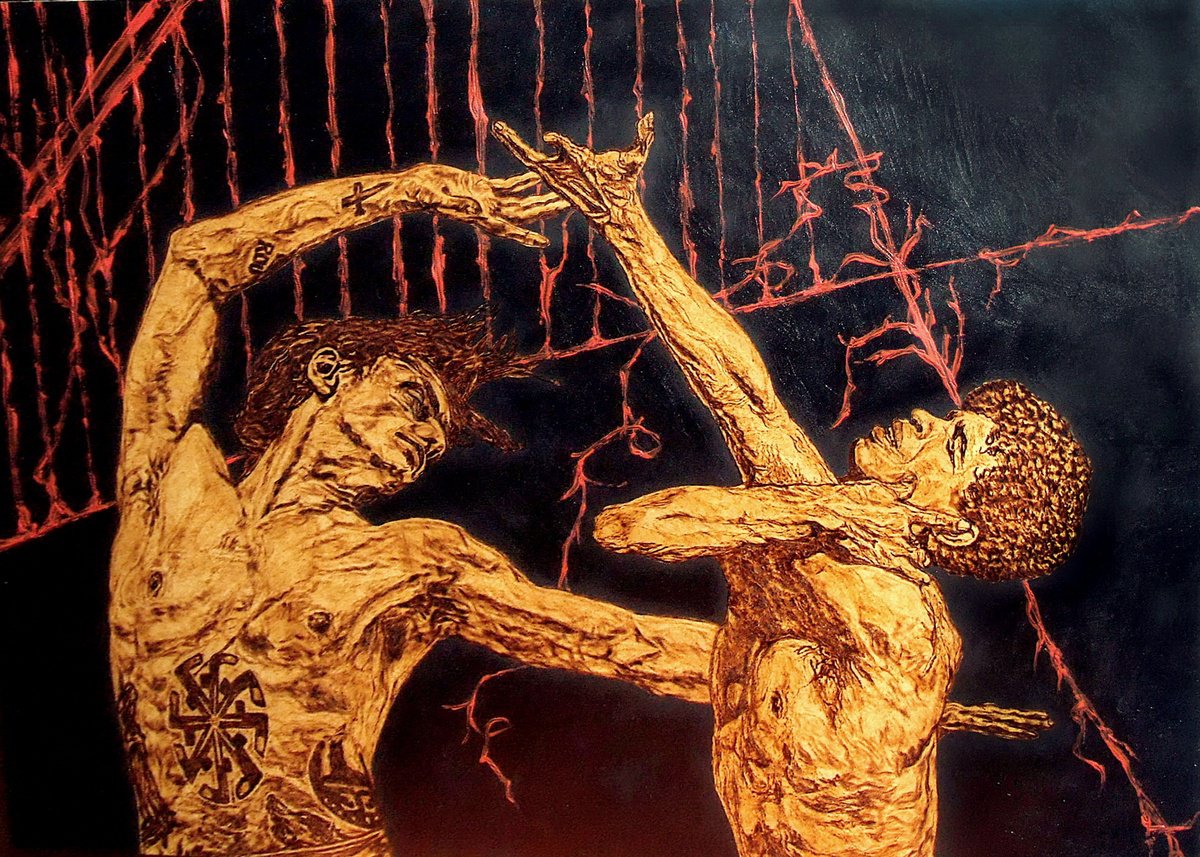 Expressive Portrait Painting By Milis Pyrography, 28 X 20", Initiation, Original Artwork