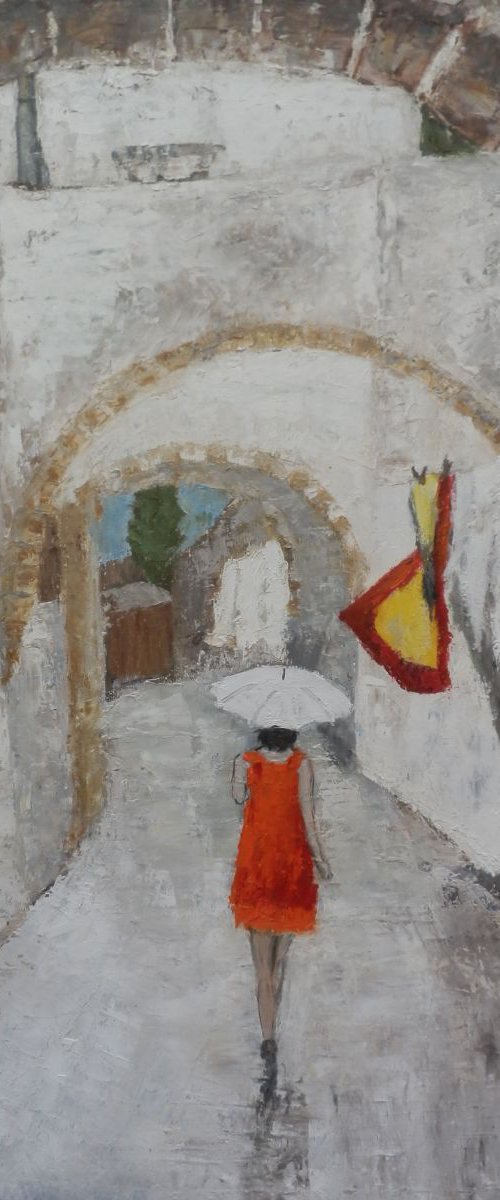 On a street in  Santorini by Maria Karalyos