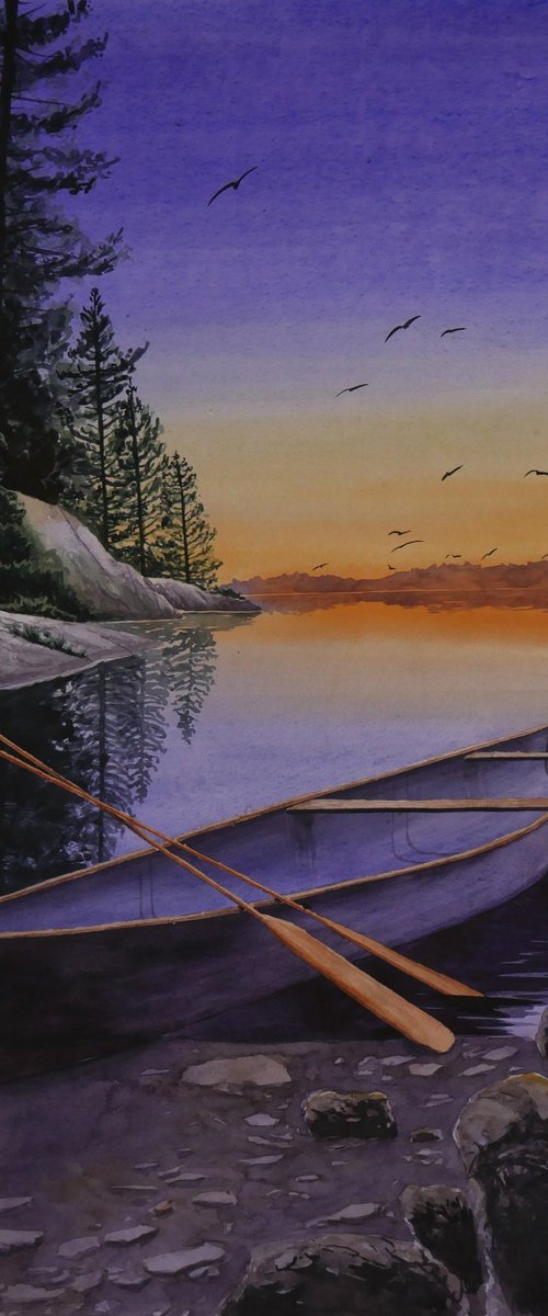 "Canoe on the shore of the lake" 2023 Watercolor on paper 70x50 by Eugene Gorbachenko