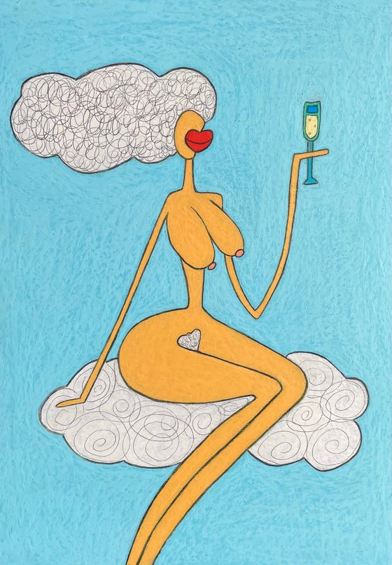 Orange lady in the sky with champagne