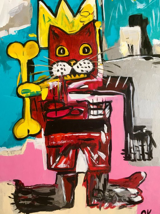 King Cat Troy  in a CROWN ( 71x 51cm, 28 x 20 inches,) version of famous painting by Jean-Michel Basquiat