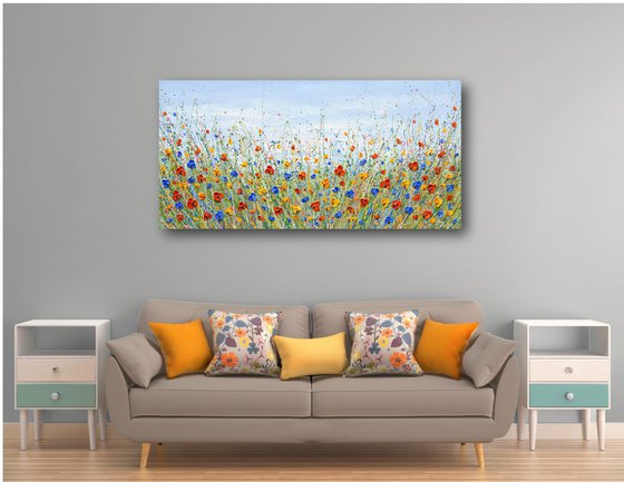 Colorful flower field - Wildflower meadow painting, palette knife art