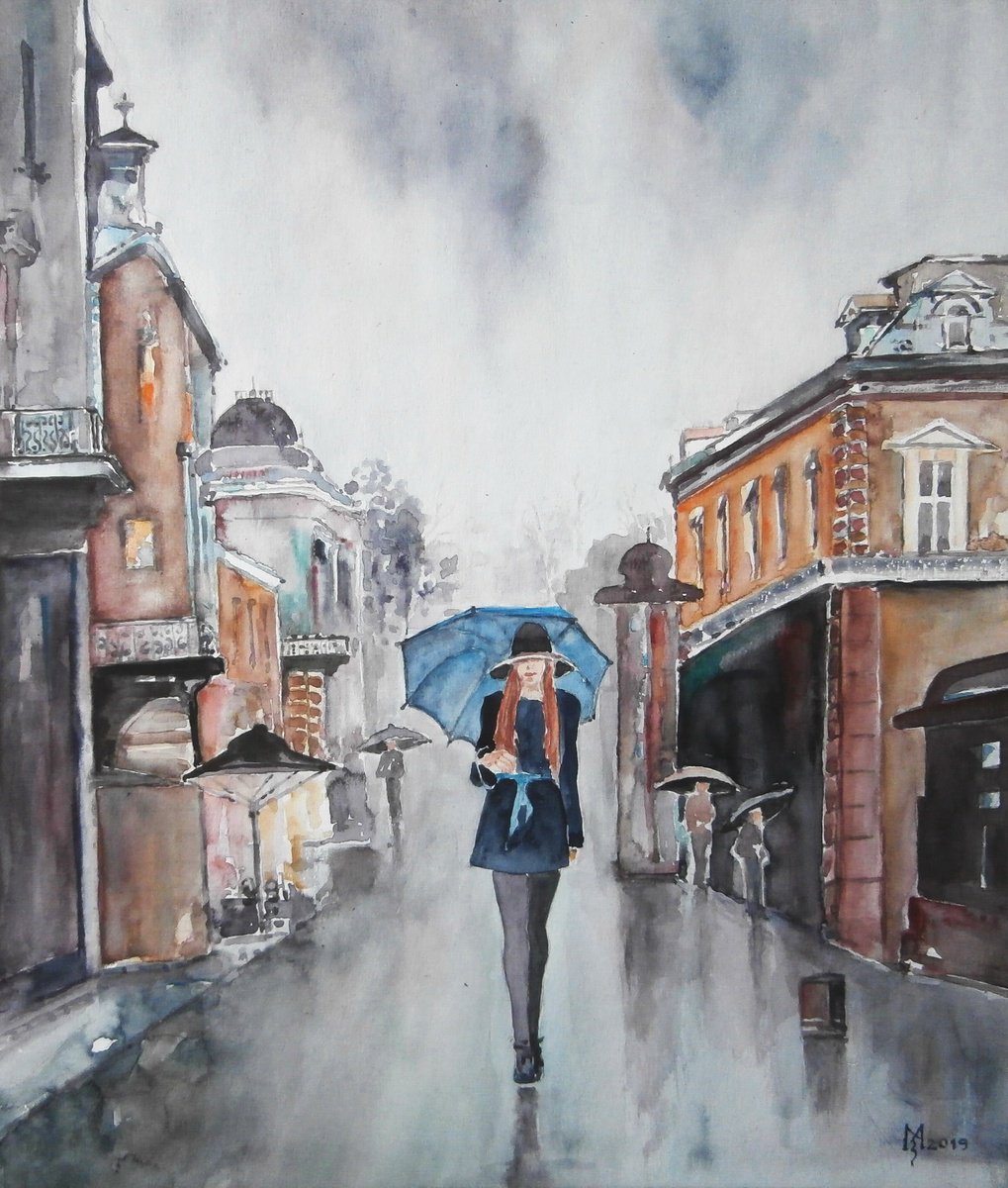 Impressionistic Cityscapes Watercolour By Zoran Mihajlovic Muza, 13 X 16", Relaxsed In The Rain, Original Artwork