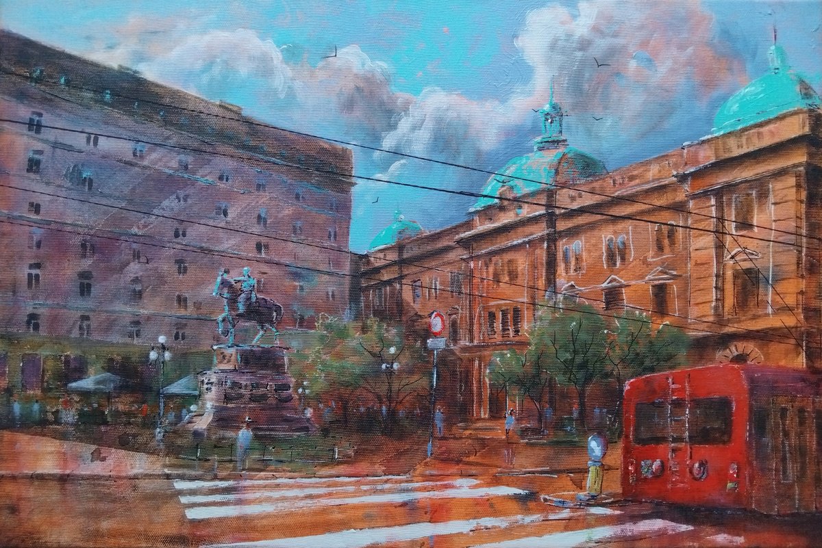 Impressionistic Cityscapes Acrylic Painting By Nenad Kojic, 24 X 16", Trg Republike Beograd, Original Artwork
