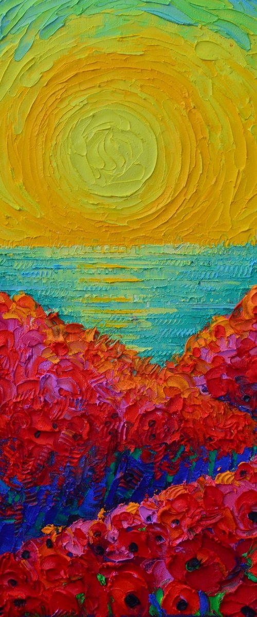 RED POPPIES BLOOMING PLANETS AT SUNRISE abstract landscape textural impressionist impasto palette knife oil painting by Ana Maria Edulescu by ANA MARIA EDULESCU