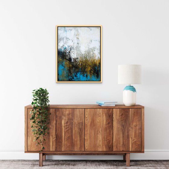 FREE FLOW. Teal, Blue, Gold, Beige Contemporary Abstract Painting with Texture