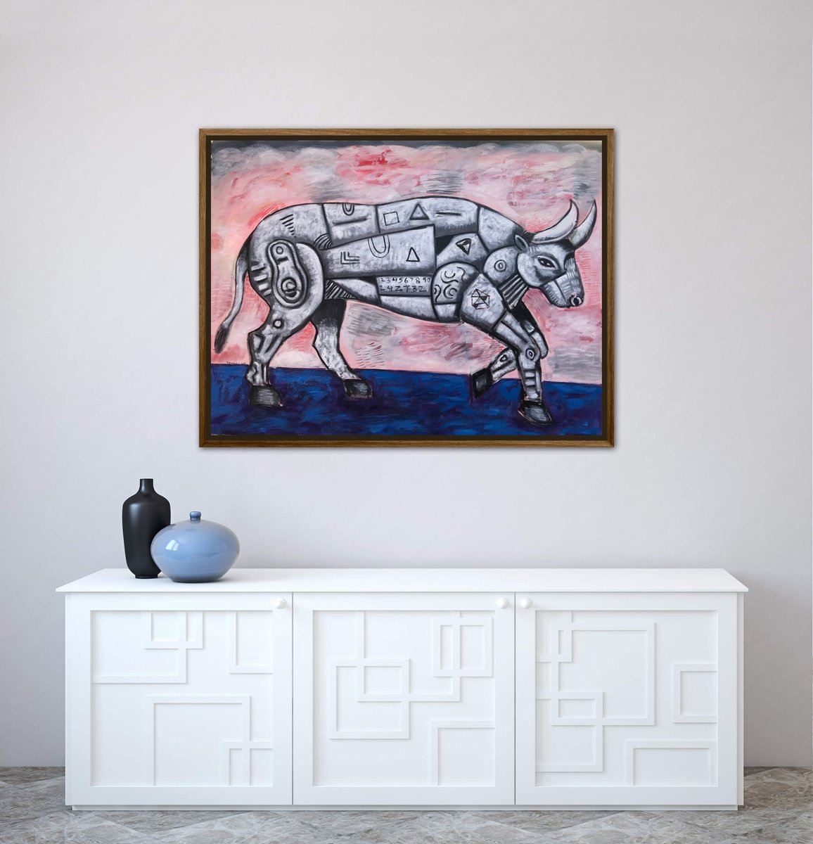 Geometric Animal Oil Painting By Roberto Munguia Garcia, 40 X 30", The Majestic Bull, Original Artwork
