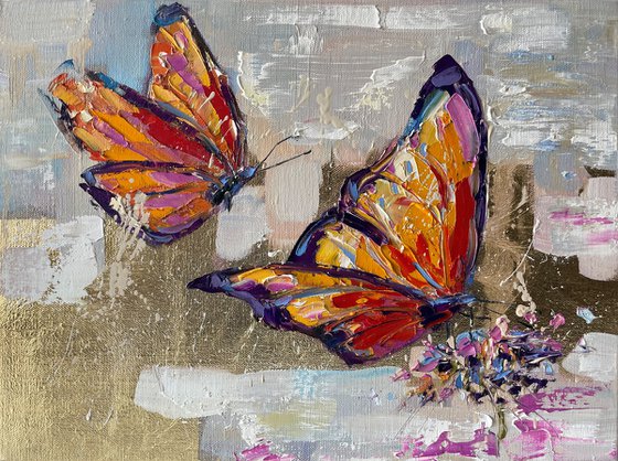 "Two butterflies and a flower". Original oil painting