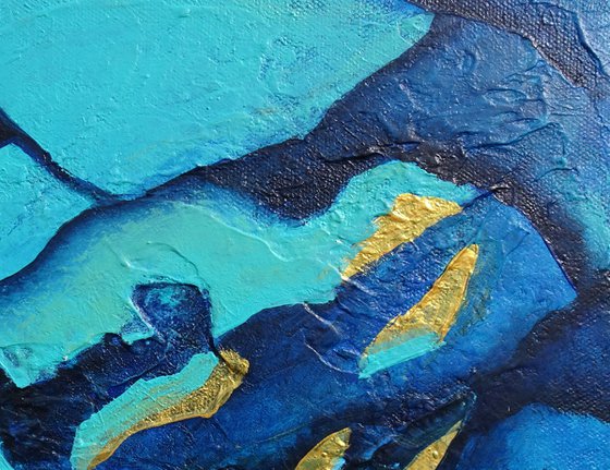 Small Blue and Gold Abstract Landscape Painting #1. 25x25cm. Small Abstract Seascape