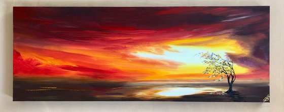 Abstract Red Sunrise on a Panoramic Canvas
