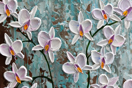 White Orchid - Impasto Floral Painting, Palette Knife Art