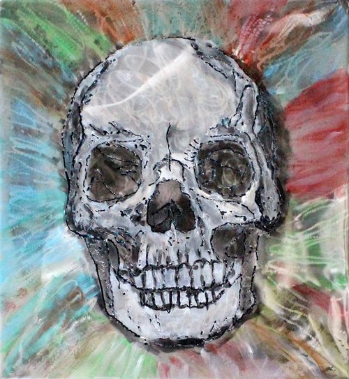 Vanity painting - skull - Wall sculpture steel panel and inks by Philippe Buil