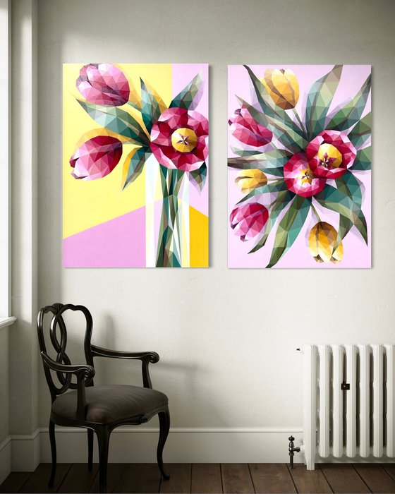 BOUQUET OF PINK TULIPS IN A VASE ON YELLOW