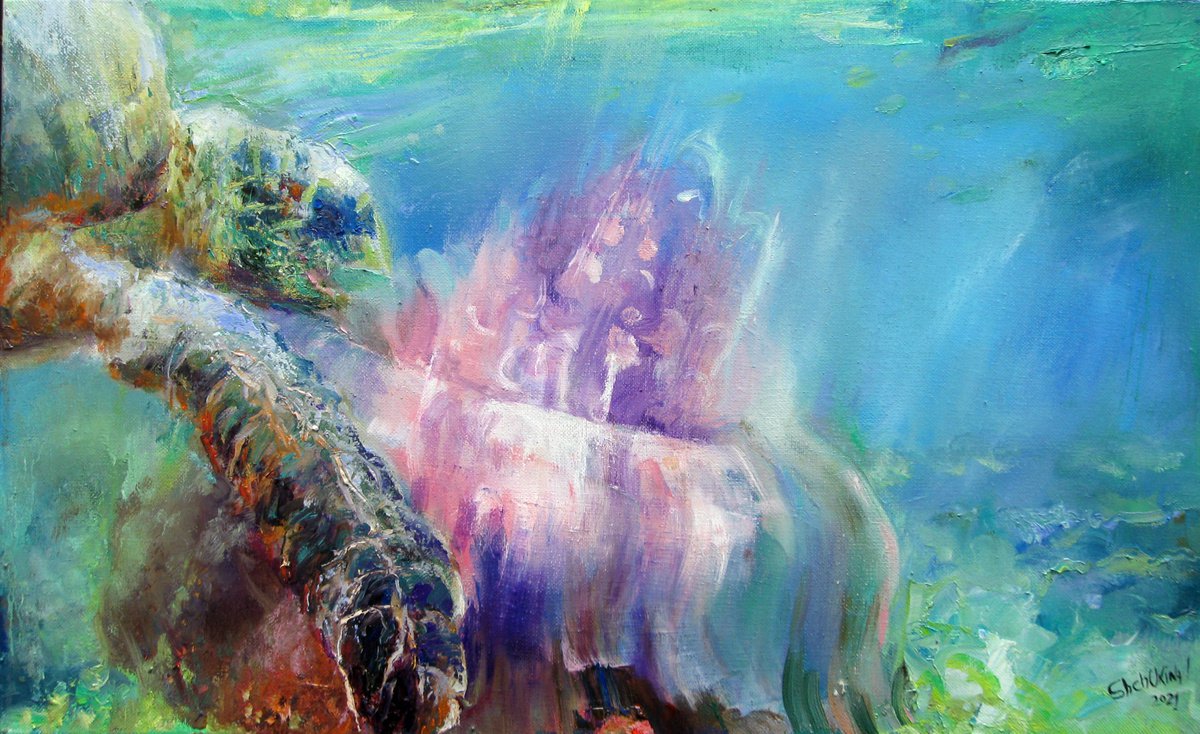 Landscape Oil Painting By Helen Shukina, 24 X 14, Sea Colors Tropical Painting, Original Artwork