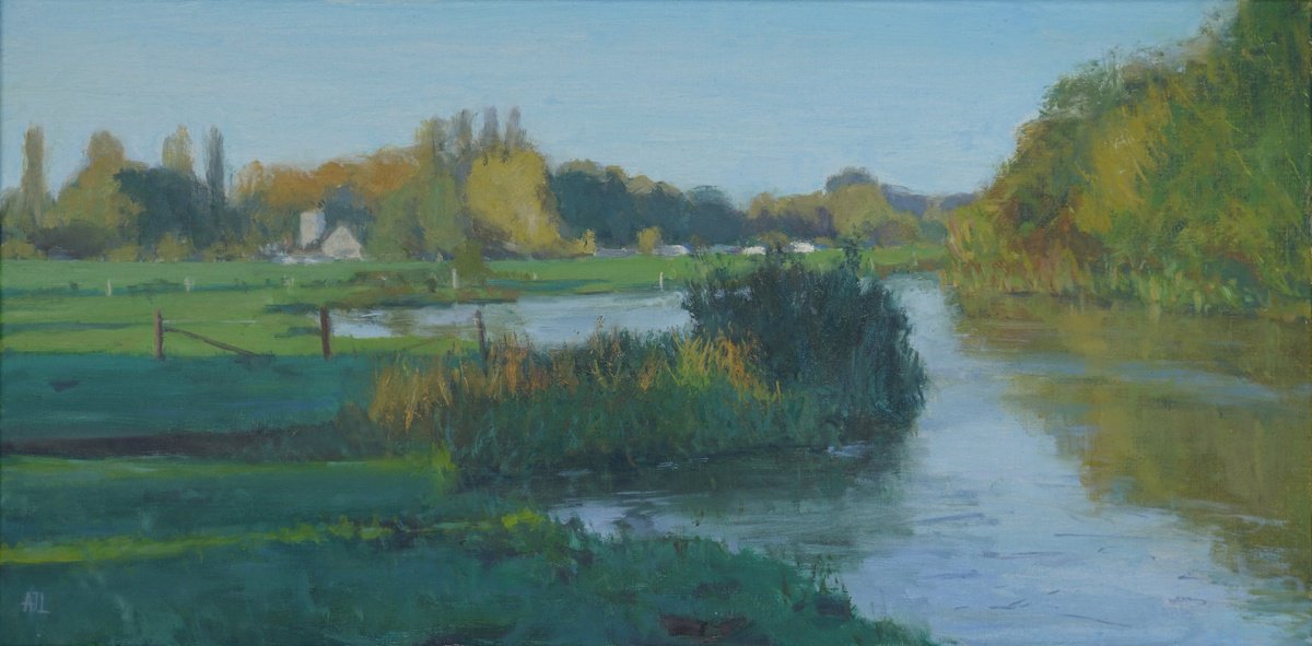 Impressionistic Landscape Oil Painting By Alex James Long, 24 X 12, Autumn Morning, Lechlade, Original Artwork