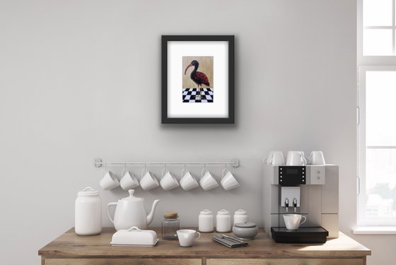 Bird portrait of black Ibis on a chessboard - Gift idea for bird lover