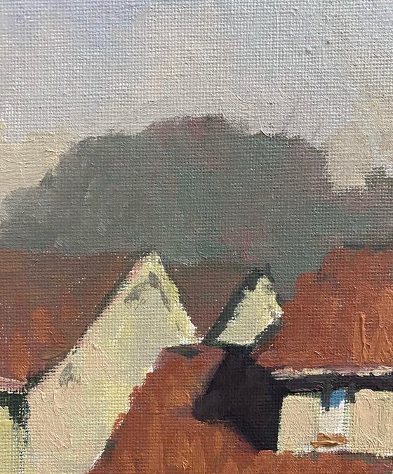 Original Oil Painting Wall Art Artwork Signed Hand Made Jixiang Dong Canvas 25cm × 30cm Nice Neighborhood small building Impressionism