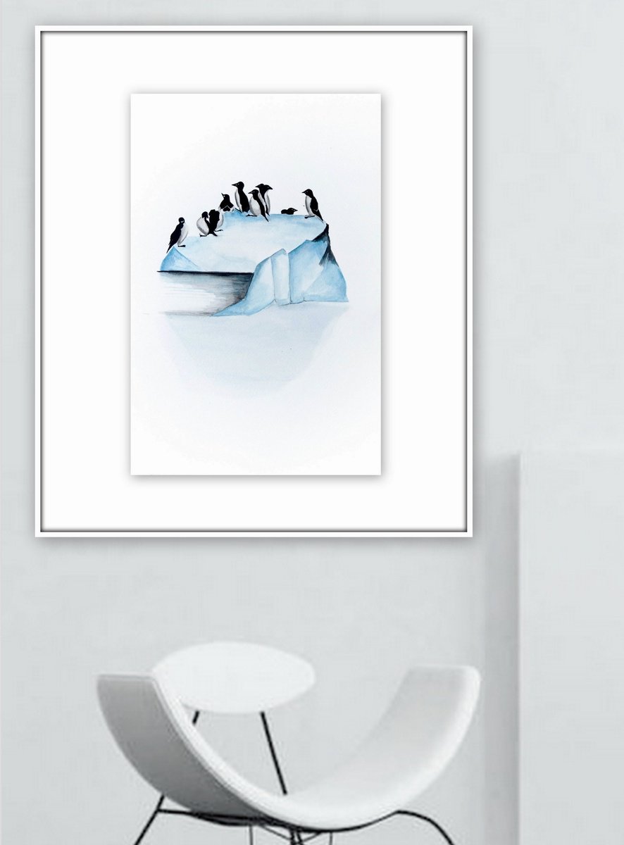 Impressionistic Animal Drawing By Nadia Moniatis, 12 X 15", Penguins, Original Artwork