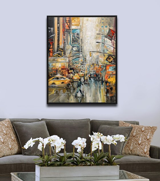 Taxi Cab - Rainy day - Cityscape Painting, Painting of urban streets in rainy days, Modern Urban Living Room Wall Decor, Cityscape art