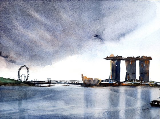 ORIGINAL Watercolor Painting of Singapore - Iconic Towers Cityscape - Architecture