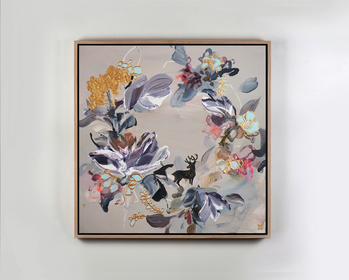 Abstract Acrylic Painting By Novi Lim, 32 X 32", A Gilded Tale, Original Artwork