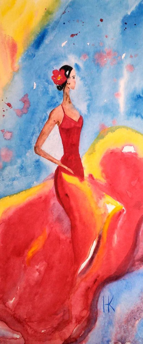 Flamenco Painting Dance Original Art Spanish Dancer Original Watercolor Artwork 12 by 17 inches by Halyna Kirichenko
