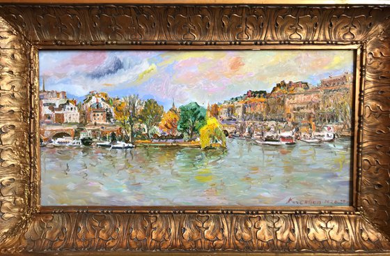 IN THE CITE AMBRACE. PARIS - Île de la Cité - original painting, oil on canvas, urban landscape cityscape, gift art, home decor