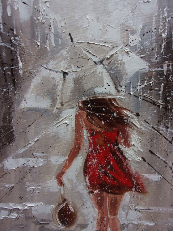 " SUMMER IN THE RAIN "  for street spring summer original painting CITY palette knife GIFT