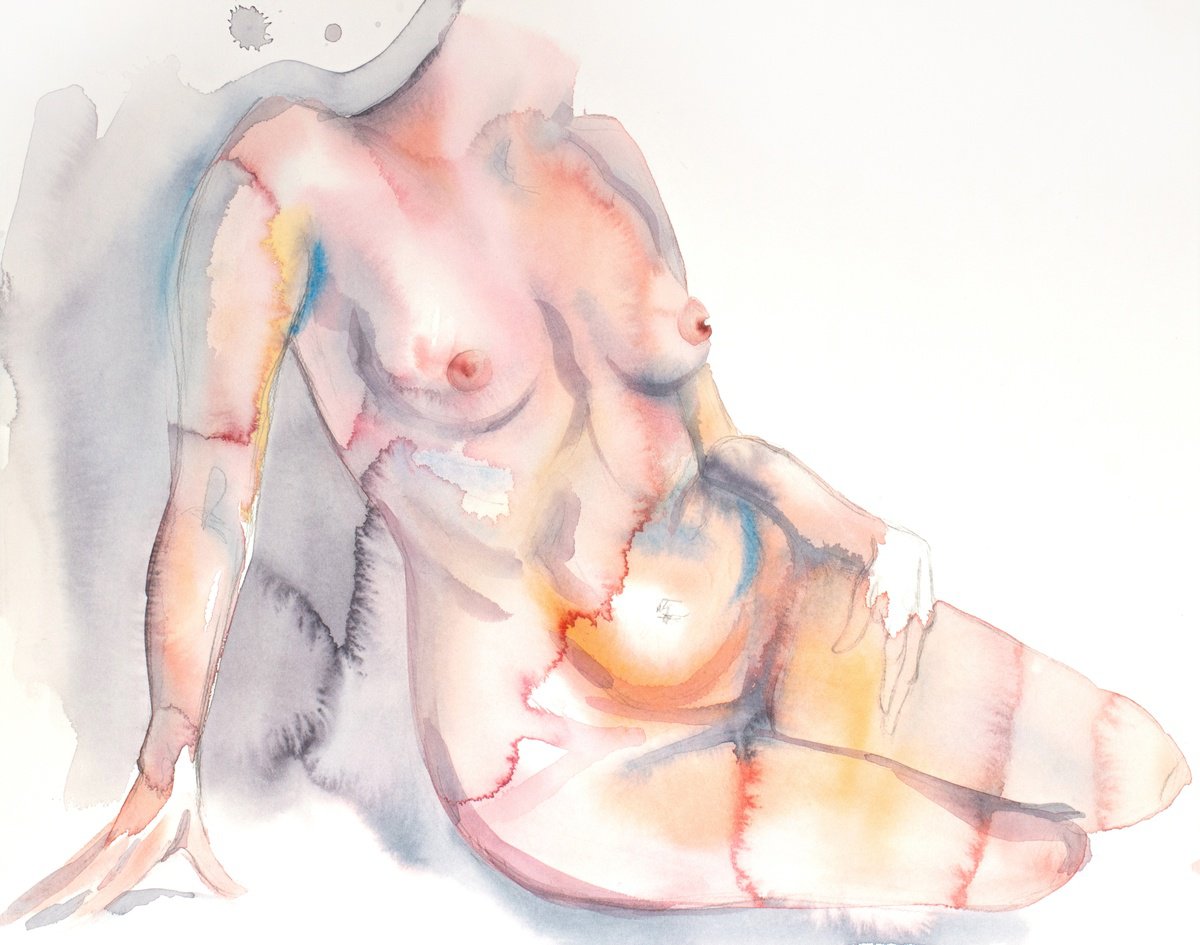 Impressionistic Portrait Watercolour By Elizabeth Becker, 20 X 16, Nude No. 117, Original Artwork