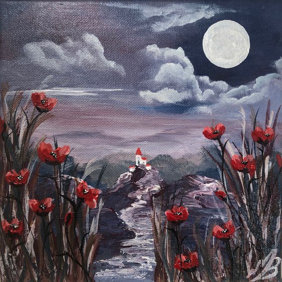 Red Poppies by a Full Moon