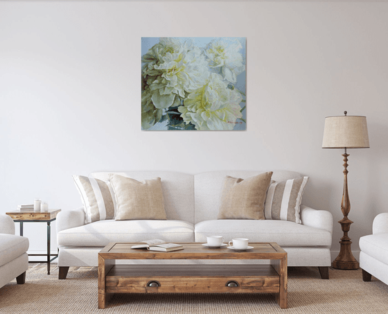 Three white peonies 90x80