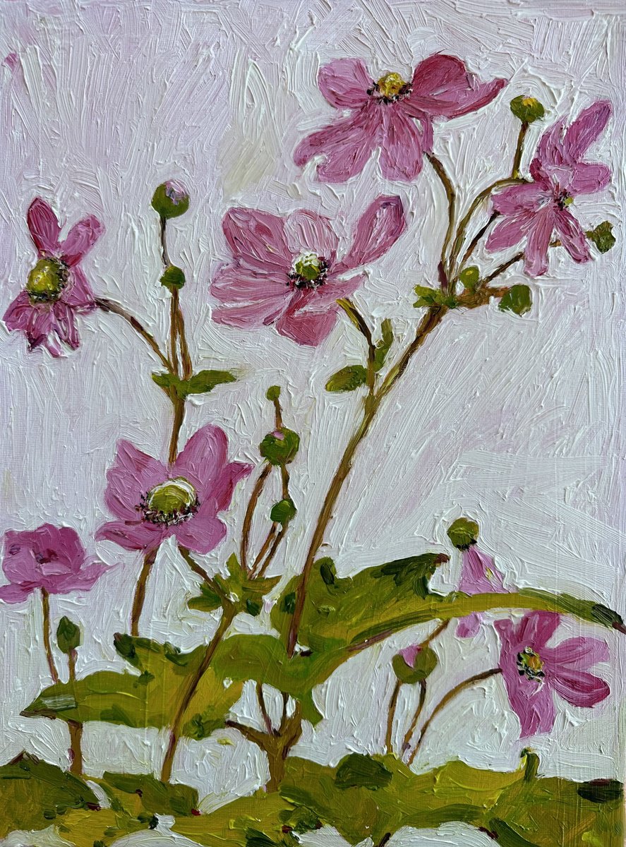 Impressionistic Botanical Oil Painting By Irina Anis, 12 X 16, Pink Anemone Flowers, Original Artwork