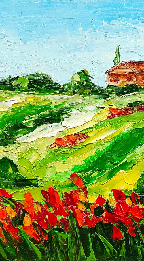 Tuscany Painting Poppy Original Art Landscape Oil Painting Impasto Small Artwork Meadow Wall Art by Yulia Berseneva