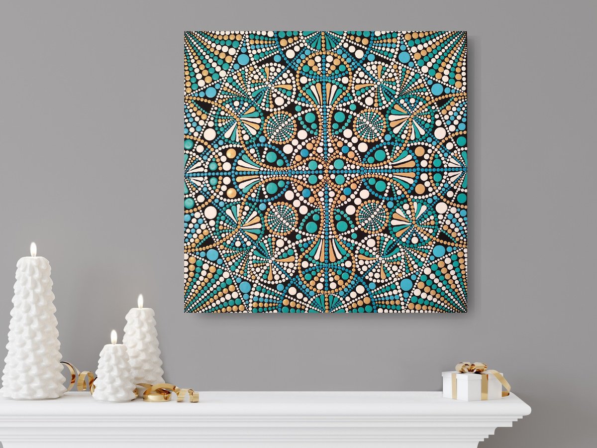 Geometric Abstract Acrylic Painting By Oxana Lazari, 20 X 20", Ocean Mandala, Original Artwork