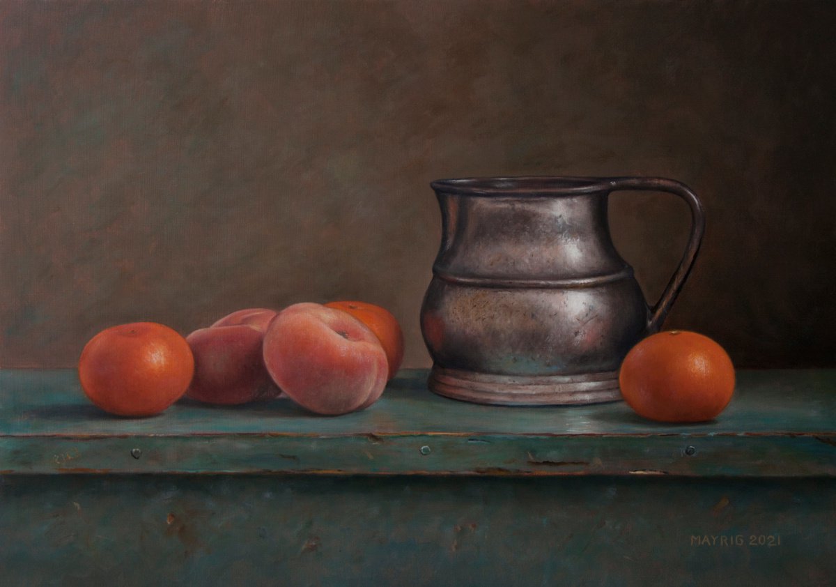 Photorealistic Oil Painting , Mandarin-Peach Juice By Mayrig Simonjan, 20 X 14, Artwork For Sale On Artfinder