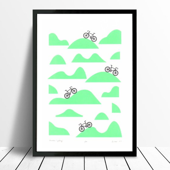 Mountain Cycling Screen Print A3 size in Retro Mint- Unframed - FREE Worldwide Delivery