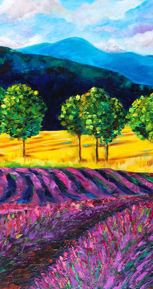 Lavender fields - Landscape with lavender, trees and mountains Oil painting by Ola Bogakovsky