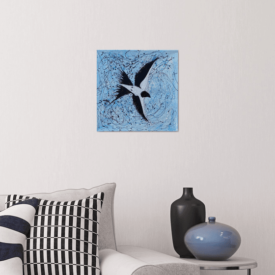 Abstract Bird Against the Sky Pollock Inspired + Palette Knife Painting on Canvas - 14 "X 14" X 0.5"