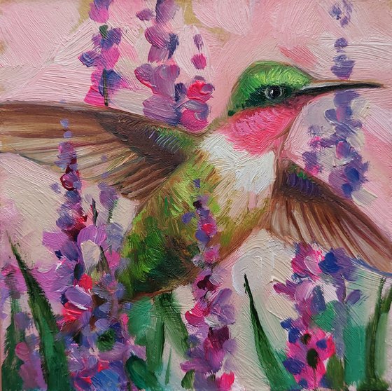 Hummingbird art oil painting original framed 4x4, Ruby throated hummingbird purple painting, Sympathy gift best friend