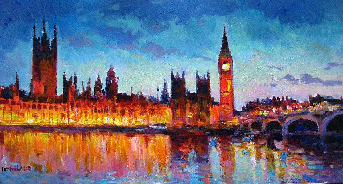 Impressionistic Cityscapes Acrylic Painting By Vladimir Lutsevich, 16 X 8", Evening Lights Of London, Original Artwork