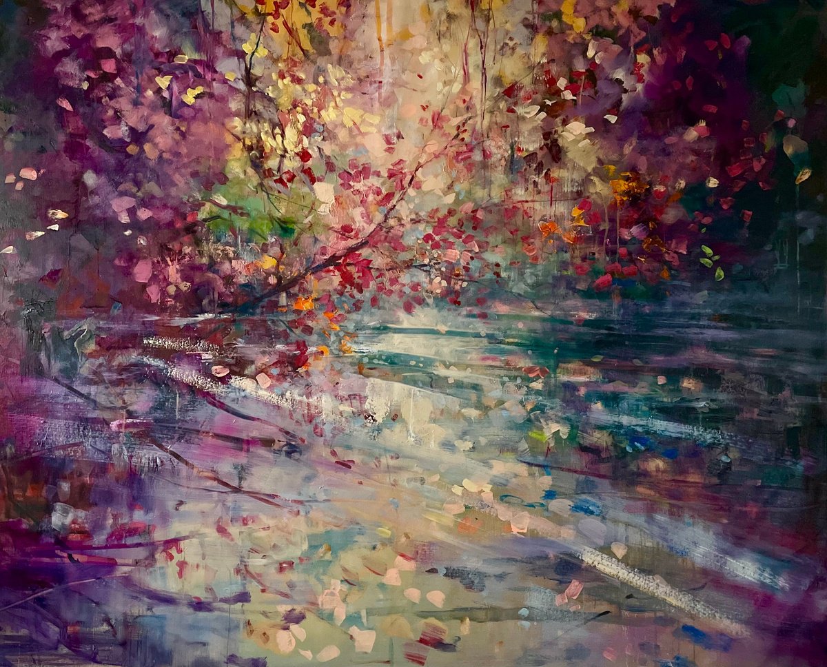 Impressionistic Landscape Oil Painting By Ewa Czarniecka, 75 X 59, Mist Over River Twrch, Original Artwork