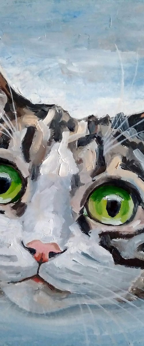 Tabby Cat Painting Pet Original Art Grey Cat Portrait Artwork Funny Animal Wall Art by Yulia Berseneva
