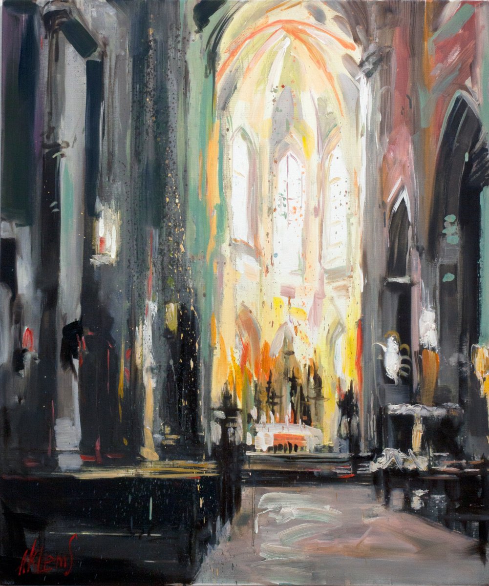 Expressive Cityscapes Oil Painting By Alexandr Klemens, 30 X 36, Sacred Illumination, Original Artwork