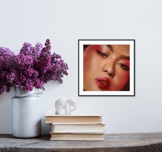 Ni - beauty oil painting of pretty asian women female on canvas with red lips makeup contemporary portrait lady