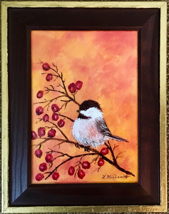 Orange Chickadee - original framed 5X7 inch acrylic painting